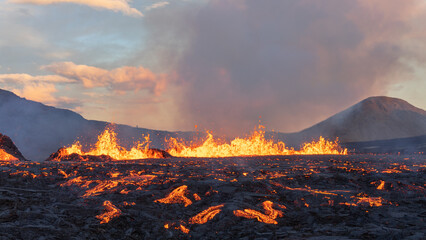 Lava flowing from an volcanic eruption in the Fagradalsfjall volcano, Southwest Iceland, on August 3rd 2022.