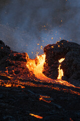 Lava flowing from an volcanic eruption in the Fagradalsfjall volcano, Southwest Iceland, on August 3rd 2022.