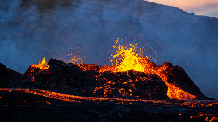 Lava flowing from an volcanic eruption in the Fagradalsfjall volcano, Southwest Iceland, on August 3rd 2022.