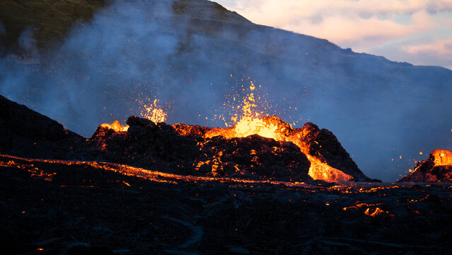 Lava flowing from an volcanic eruption in the Fagradalsfjall volcano, Southwest Iceland, on August 3rd 2022.