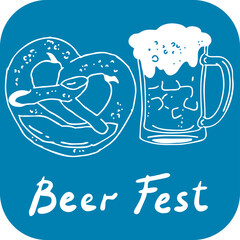 Beer and brezel for Octoberfest decoration, invitation, celebration, print, poster, menu. Food and drink autumn festival from Germany, Munich. Hand drawn illustration. Chalkboard style vector drawing.