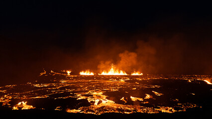 Lava flowing from an volcanic eruption in the Fagradalsfjall volcano, Southwest Iceland, on August 3rd 2022.
