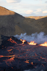 Lava flowing from an volcanic eruption in the Fagradalsfjall volcano, Southwest Iceland, on August 3rd 2022.