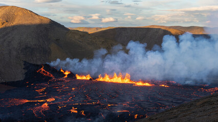 Lava flowing from an volcanic eruption in the Fagradalsfjall volcano, Southwest Iceland, on August 3rd 2022.