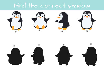 Find correct shadow. Kids educational logic game. Cute funny penguins. Vector illustration isolated on white background.