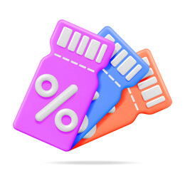 3d Stack of Coupons with Percent Symbol Isolated on White. Render Color Discount Voucher or Coupon. Blank Ticket Shopping Paper. Promotional Offer. Bonus Purchase, Gift Concept. Vector Illustration