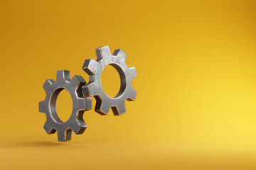 Interlocking gears isolated on yellow background. Illustration of company teamwork and business cooperation
