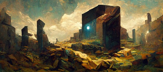 Abstract megalithic monolith ancient sandstone ruins, blocks of broken stone and rock in semi arid mysterious landscape setting. Imaginative fantasy and stylized in dreamy oil painting colors. 