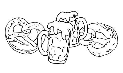 Beer and brezel for Octoberfest decoration, invitation, celebration, print, poster, menu. Food and drink. Autumn festival from Germany, Munich. Hand drawn illustration. Cartoon style drawing.