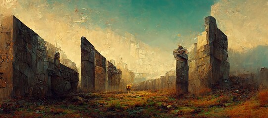 Abstract megalithic monolith ancient sandstone ruins, blocks of broken stone and rock in semi arid mysterious landscape setting. Imaginative fantasy and stylized in dreamy oil painting colors.  - obrazy, fototapety, plakaty