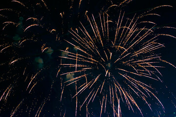 Inexpensive, budget, beautiful fireworks in the city, against the backdrop of the night sky.