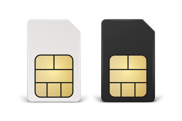 Vector 3d Realistic White and Black Plastic Sim Card Template Set Isolated. Design Template of Sim Card for Mockup, Branding. Front View