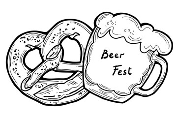 Beer and brezel for Octoberfest decoration, invitation, celebration, print, poster, menu. Food and drink. Autumn festival from Germany, Munich. Hand drawn illustration. Cartoon style drawing.