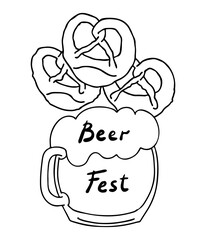 Beer and brezel for Octoberfest decoration, invitation, celebration, print, poster, menu. Food and drink. Autumn festival from Germany, Munich. Hand drawn illustration. Cartoon style drawing.