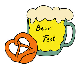Beer and brezel for Octoberfest decoration, invitation, celebration, print, poster, menu. Food and drink. Autumn festival from Germany, Munich. Hand drawn illustration. Cartoon style drawing.