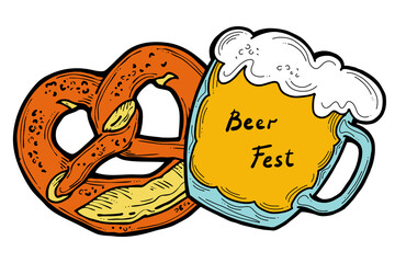 Beer and brezel for Octoberfest decoration, invitation, celebration, print, poster, menu. Food and drink. Autumn festival from Germany, Munich. Hand drawn illustration. Cartoon style drawing.