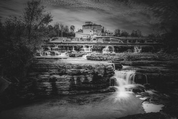 Black and white shot of Grand Falls On Mississippi in Mississippi Mills, Canada