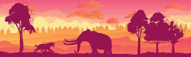 Fototapeta na wymiar Mammoth vs saber-toothed tiger. Prehistoric vector beautiful landscape. elephant and tiger. Giant Jurassic animal in silhouette.