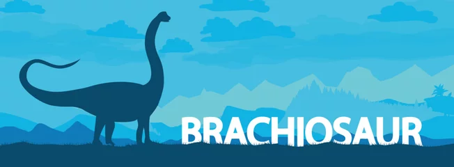 Tuinposter Prehistorisch landschap voor onze jaartelling. Brachiosaurus-dinosaurus in de habitat. prehistorisch wezen. vectorafbeeldingen © Евгений Соловьев