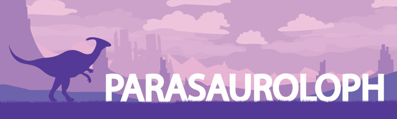 Naklejka premium Prehistoric landscape before our era. Parasaurolophus dinosaur in habitat. prehistoric creature. Vector graphics