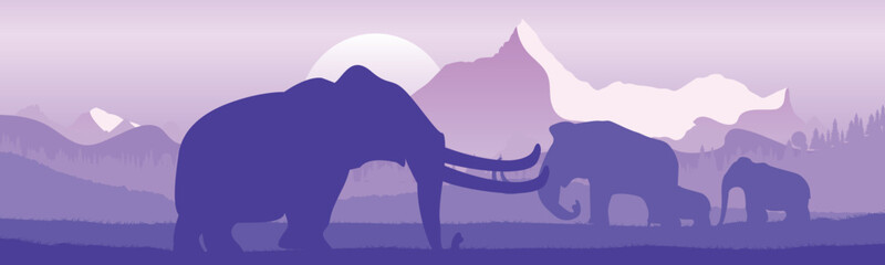 Panorama of a family mammoth in nature. Ancient animal. Prehistoric landscape. Vector