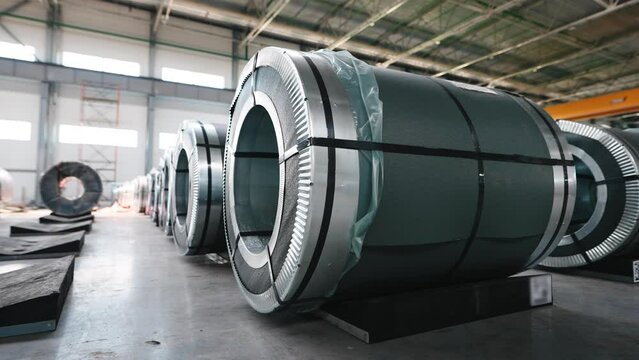 Warehouse with rolled steel. Rolled sheet metal in rolls is ready for shipment from the logistics center.
