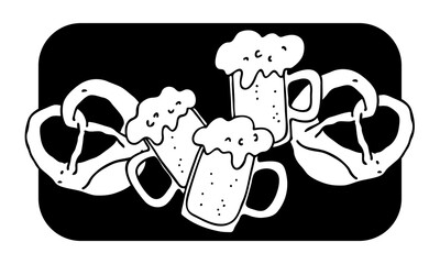 Beer and brezel for Octoberfest decoration, invitation, celebration, print, poster, menu. Food and drink. Autumn festival from Germany, Munich. Hand drawn illustration. Black style drawing.