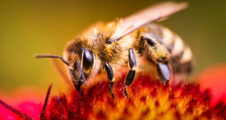 Closeup of Honey bee collecting pollen from redt flower.