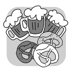 Beer and brezel for Octoberfest decoration, invitation, celebration, print, poster, menu. Food and drink. Autumn festival from Germany, Munich. Hand drawn illustration. Cartoon style drawing.