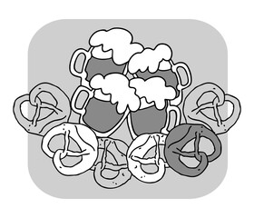 Beer and brezel for Octoberfest decoration, invitation, celebration, print, poster, menu. Food and drink. Autumn festival from Germany, Munich. Hand drawn illustration. Cartoon style drawing.