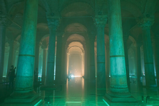 Basilica Cistern With Green Ambient Lights. Travel To Istanbul