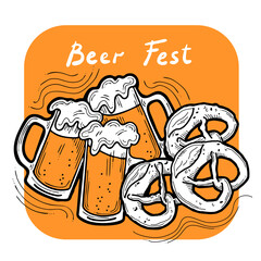 Naklejka premium Beer and brezel for Octoberfest decoration, invitation, celebration, print, poster, menu. Food and drink. Autumn festival from Germany, Munich. Hand drawn illustration. Cartoon style drawing.