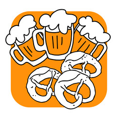 Beer and brezel for Octoberfest decoration, invitation, celebration, print, poster, menu. Food and drink. Autumn festival from Germany, Munich. Hand drawn illustration. Cartoon style drawing.