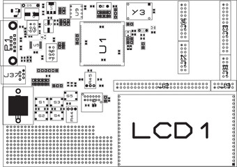 Vector assembly drawing of a printed circuit board of an electronic device. 
Placement of components on the board. Seats, transition holes and metallized contact pads of radio components.