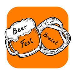 Beer and brezel for Octoberfest decoration, invitation, celebration, print, poster, menu. Food and drink. Autumn festival from Germany, Munich. Hand drawn illustration. Cartoon style drawing.