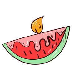 Colourful watermelon candle with fire. Wax light. Vector icon on white background.