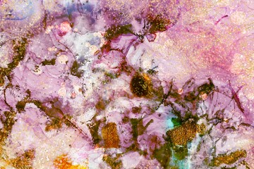 Solid patches of colors and Alcohol ink fluid abstract texture fluid art with gold glitter and liquid.