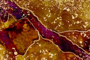 Rich Agate with dark red and yellow Alcohol ink fluid abstract texture fluid art with gold glitter.