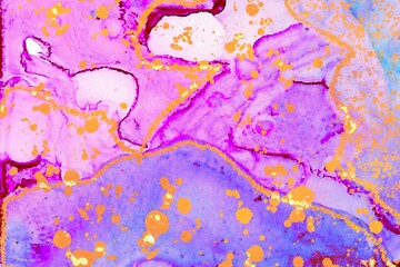 Gold drops and lines on pink and blue Alcohol ink fluid abstract texture fluid art with gold glitter.