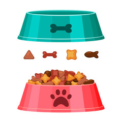 Dog or cat dry food bowl. Bone and fish shaped crisps. Red and green pet bowl with dry food. Flat style vector illustration isolated on white background