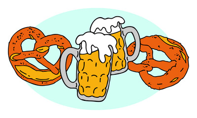 Beer and brezel for Octoberfest decoration, invitation, celebration, print, poster, menu. Food and drink. Autumn festival from Germany, Munich. Hand drawn illustration. Cartoon style drawing.