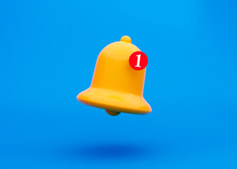 Notification message bell yellow color icon on pastel blue background. Social Media element. Web design. 3d rendering.