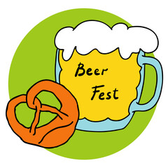 Beer and brezel for Octoberfest decoration, invitation, celebration, print, poster, menu. Food and drink. Autumn festival from Germany, Munich. Hand drawn illustration. Cartoon style drawing.