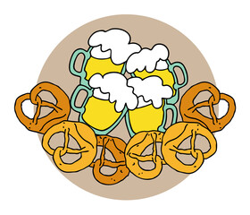 Beer and brezel for Octoberfest decoration, invitation, celebration, print, poster, menu. Food and drink. Autumn festival from Germany, Munich. Hand drawn illustration. Cartoon style drawing.