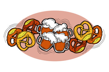 Beer and brezel for Octoberfest decoration, invitation, celebration, print, poster, menu. Food and drink. Autumn festival from Germany, Munich. Hand drawn illustration. Cartoon style drawing.