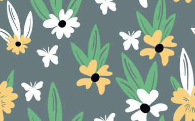 Seamless floral pattern based on traditional folk art ornaments. Colorful flowers on color background. Scandinavian style. Sweden nordic style. Vector illustration. Simple minimalistic pattern