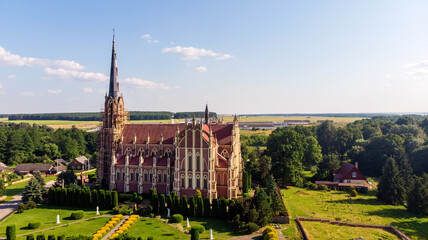 Church of the Holy Trinity is a Catholic church in the agro-town Gervyaty, Belarus. Aerial view.
