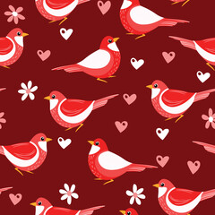 Fototapeta premium Seamless pattern with funny colorful birds, flowers, leaves and berries. Color flat vector illustration with little cartoon bird. Cute characters. Design for invitation, poster, card, textile, fabric