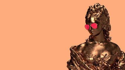 3D render golden figurine of a woman on a peach background