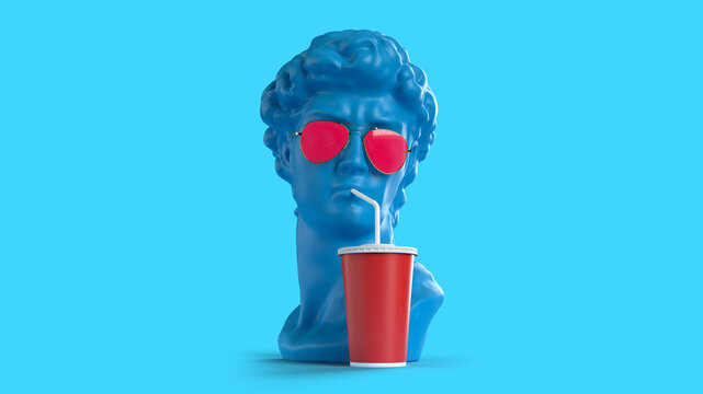 3D render a blue sculpture in glasses drinks sweet water background for cafe